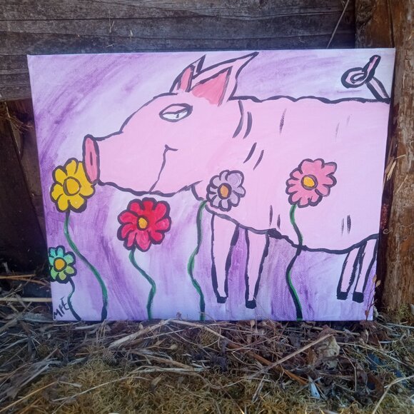 Pig In Flowers Folk Art Painting - Picture 13 of 15